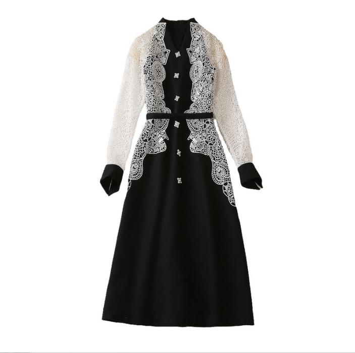 

326 XXL 2023 Spring Flora Print Dress V Neck Long Sleeve Black Mid Calf polyester Panelld DRess Luxury Fashion Prom Womens Clothes SH