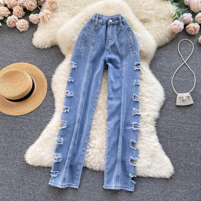 

Women' Jeans Fashion Women 2023 Summer Blue High Waist Ripped Holes Denim Trouser Straight Wide Leg Pants Casual Street Clothes