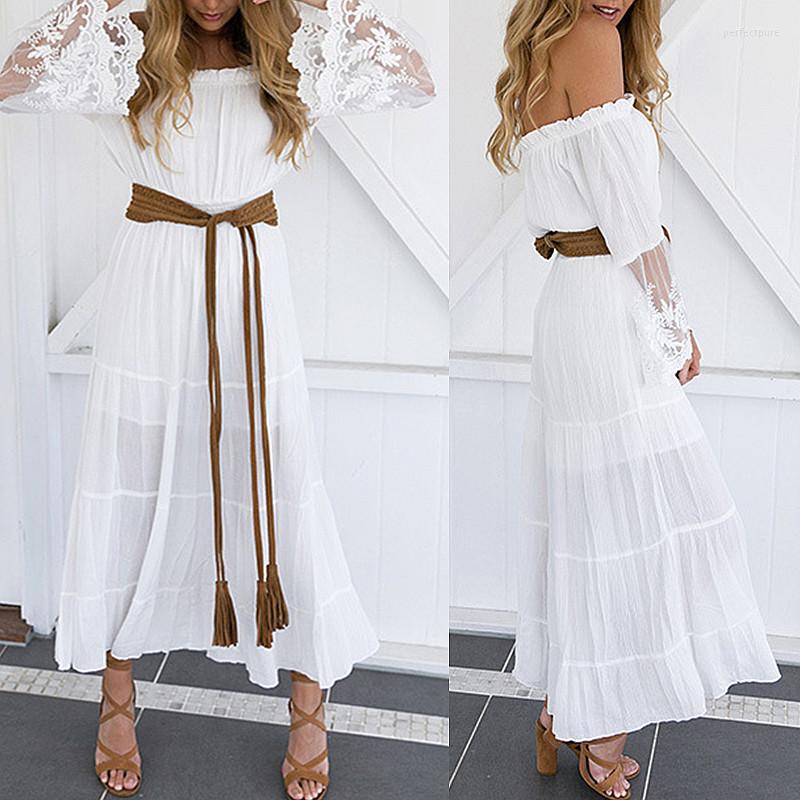 

Casual Dresses Beach White Women Sexy Off The Shoulder Lace Patchwork Summer Sundress Ladies Slash Neck Maxi Dress No Belt