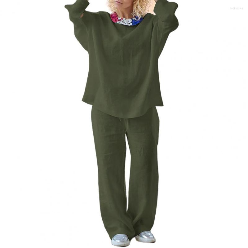 

Women's Two Piece Pants 2 Pcs/Set Autumn Women Shirt Set O Neck Elastic Waist Long Sleeves Solid Color Casual Wide Leg Trousers Tops Suit, Khaki