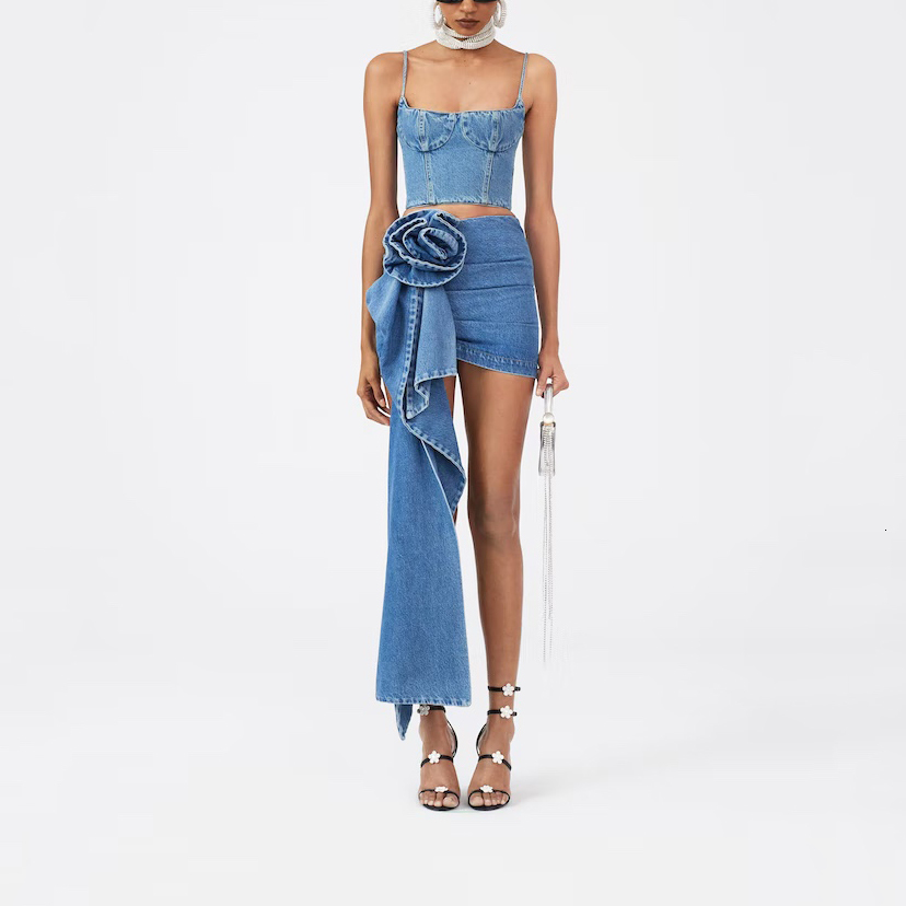 

Skirts 3D three-dimensional rose blue denim package hip half skirt women' fashion high street asymmetric y2k mini half skirt 230508, Blue skirt