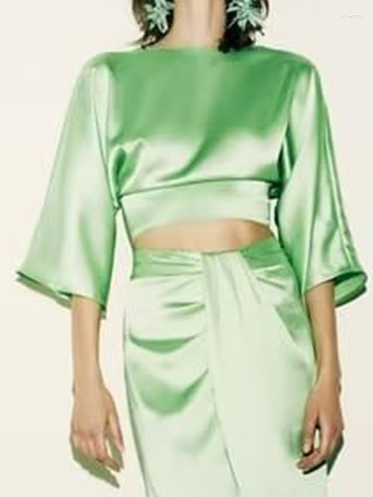 

Women's Blouses Kumsvag 2023 Women Summer Shirts Tops Fashion Solid O-Neck Backless Drawstring Bow Female Satin Elegant Clothing