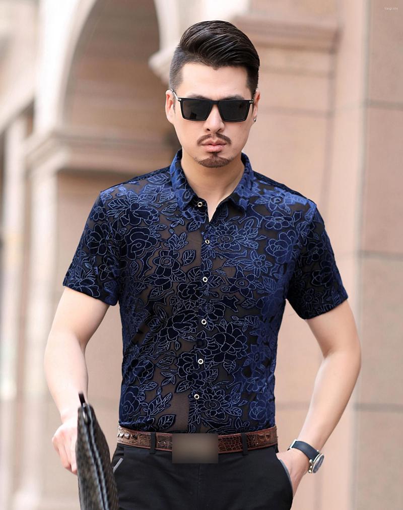 

Men's Casual Shirts Mens Flower Mesh See Through Sexy Floral Transparent Fashion Button Down Short Sleeve Shirt Tops, Blue