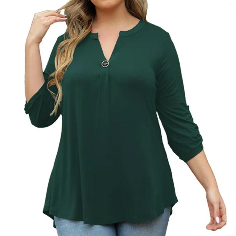 

Women's T Shirts Solid Metal Button Casual Women Shirt V Neck M  Green 3/4 Sleeve Tunic Tops Cotton Blend Pleat Pullover Spring Autumn