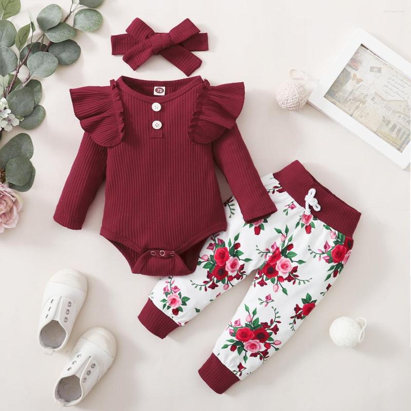 

Clothing Sets 3Pcs Born Girl Clothes Ruffle Button Romper Floral Print Pants Baby Set Infant Kids Fall Outfits, Red