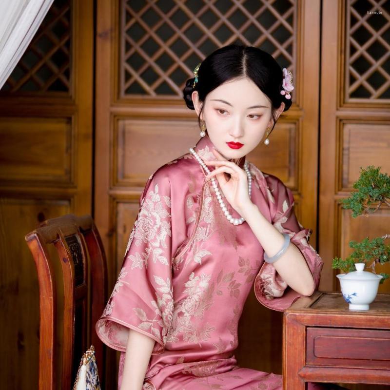 

Ethnic Clothing 2023 Chinese Style Traditional Big Sleeve Hanfu Flower Vintage Cheongsam Dress Elegant Women Party Split Pink Qipao