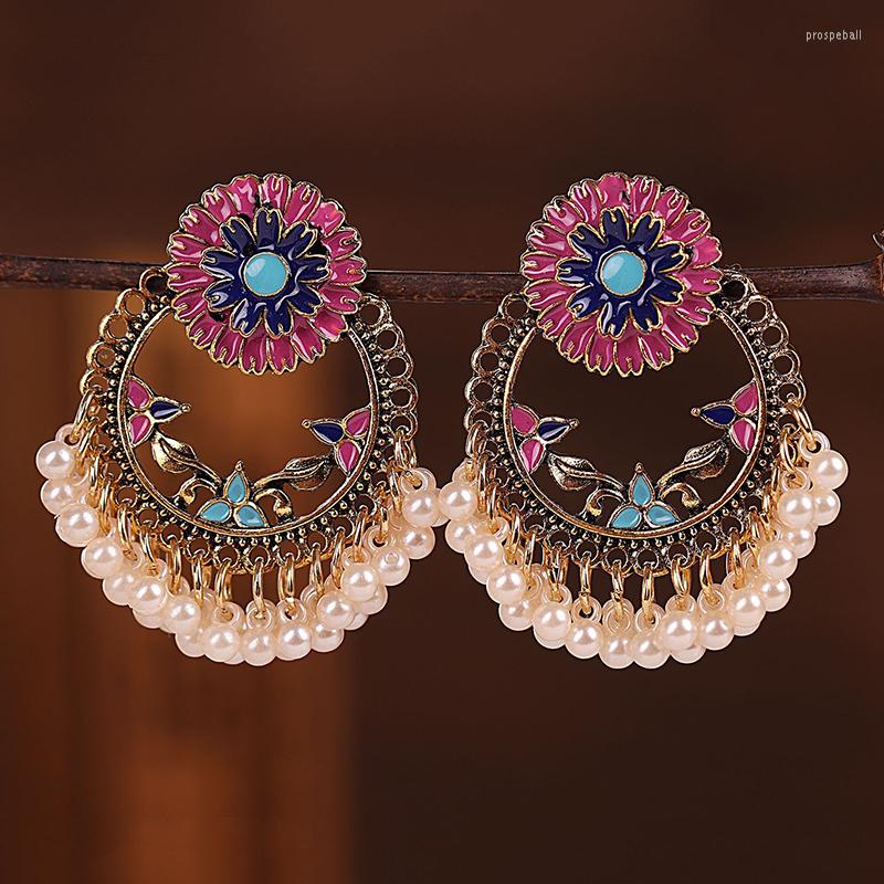 

Dangle Earrings Vintage Big Flower Hollow Geometric For Women Pendientes Enamel Bohemian Antique Gold Color Pearl Beads Earings