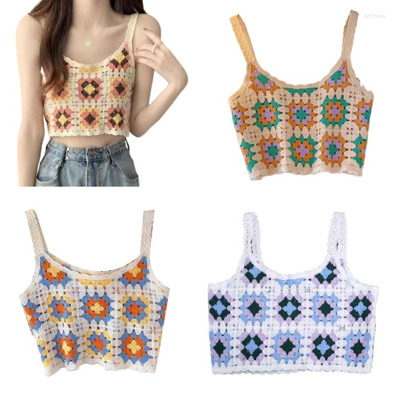 

Women's Tanks H9ED Crop Top Beach Vacation Women Crochet Knit Colorful Geometric Floral Cami Vest, Purple