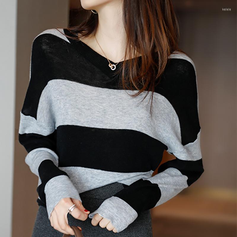 

Women's Sweaters Casual Women Knitted Striped V-Neck Sweater Korean Loose Long Sleeve Autumn Wool Soft Pullover Female Sueters De Mujer, Blue