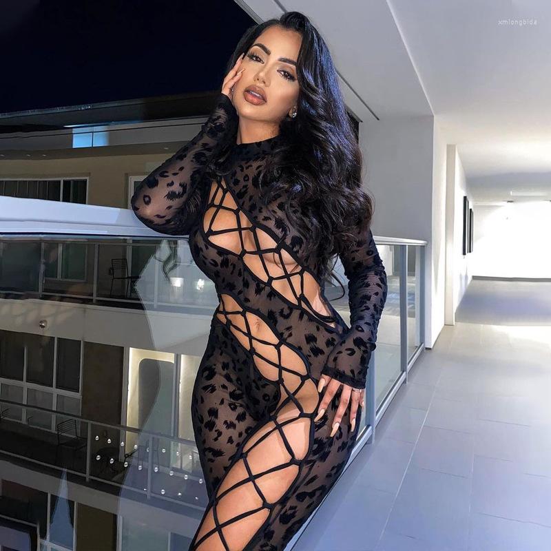 

Women' Jumpsuits Leopard Jacquard Women Long Sleeve Lace Up Cross Hollow Out Jumpsuit Skinny Sexy See Through Nightclub Streetwear 2023, Black