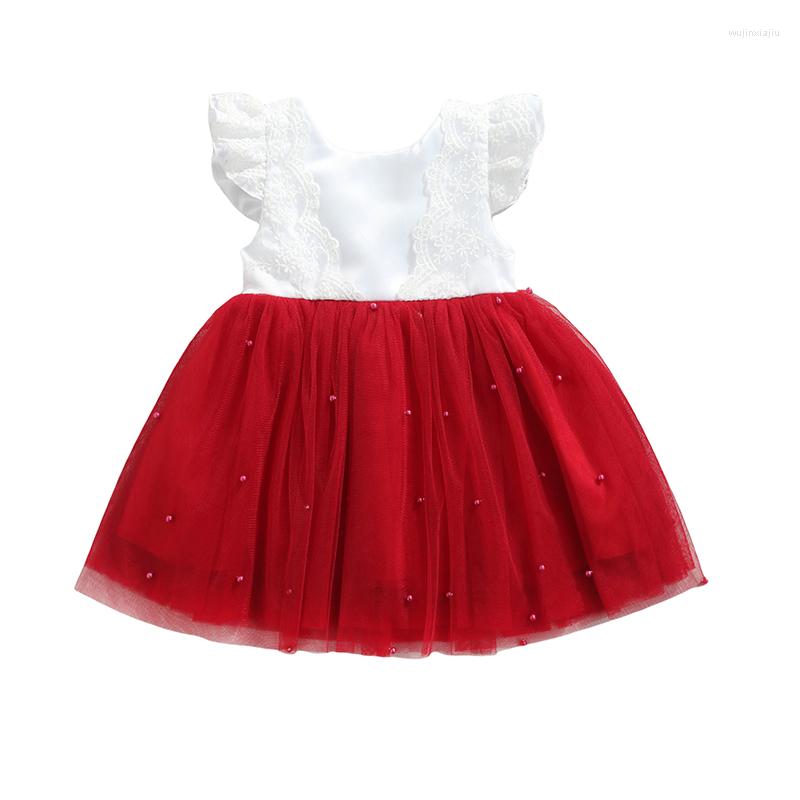 

Girl Dresses Christmas 6M-6Y Kids Dress Sweet Style Lace Bow Faux Pearl Decoration Sleeve Mesh Princess Xmas Children Year, Red
