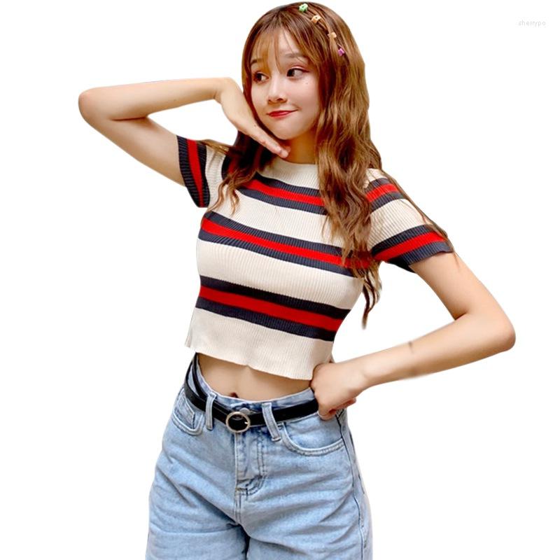 

Women's T Shirts Summer Arrival Female O-Neck Color Striped Slim Tee Shirt Short Knit Short-Sleeved T-shirt Tops