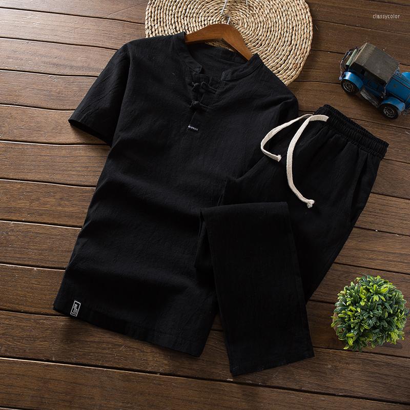 

Men's Tracksuits 2023 Summer Men's Classic Fashion Solid Color Cotton And Linen Two-Piece Casual Slim Size High Quality Set -5XL, Navy blue