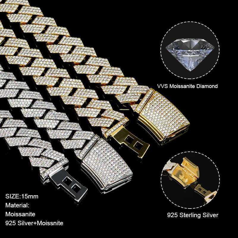 

15mm 18mm 925 Silver Prong Setting Vvs Moissanie Diamond Ice Out Miami Cuban Link Necklace Mens