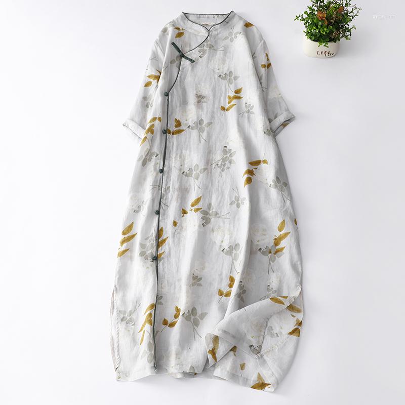 

Party Dresses 2023 Stand Collar Print Floral Buckle Vintage Chinese Style Summer Dress Cheongsam Thin Soft Fashion Loose Women Casual, Picture shown