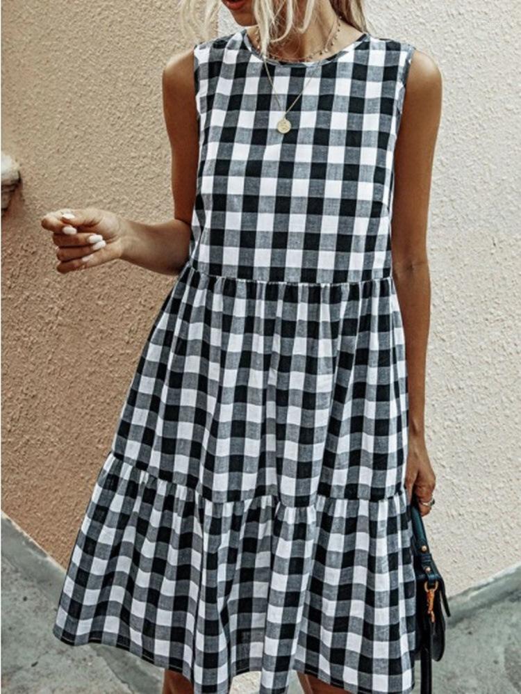 

Casual Dresses Vintage Black Red Plaid Dress Beach O Neck Sleeveless Loose Vest Midi Elegant Spring Summer Chic Women Clothing