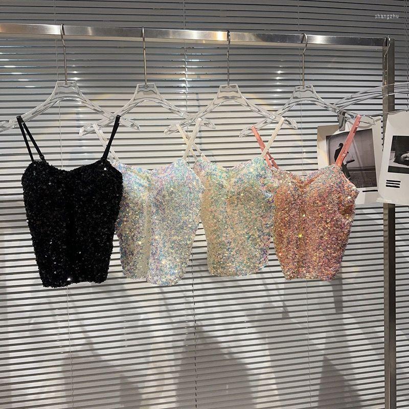

Women's Tanks Summer 2023 Camisole Design Sense Crystal Sequin Bandeau Cropped Suspender Top Versatile Slimming Vest Sexy, Black