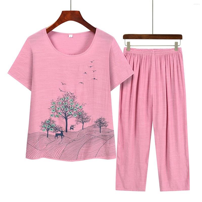 

Women's Two Piece Pants Women Short Sleeved Summer Collar Printing Loose Middle Aged And Elderly Cotton Linen Pieces, Beige