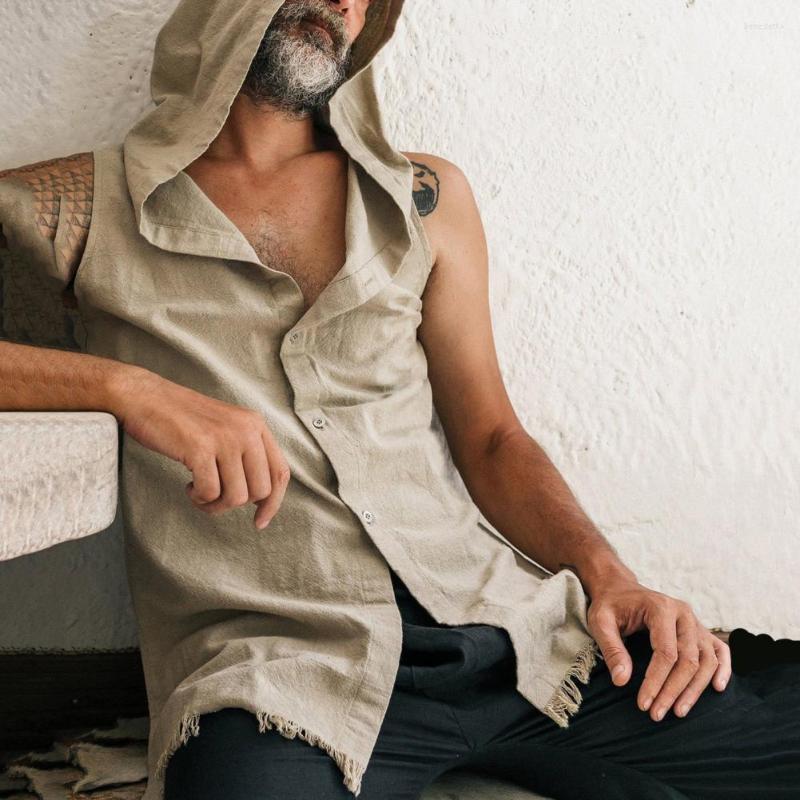 

Men's Tank Tops Men Summer Vest Solid Color Sleeveless Side Split Top Hooded Single-breasted Shirt Loose Ripped Hem Men's Clothing, Beige