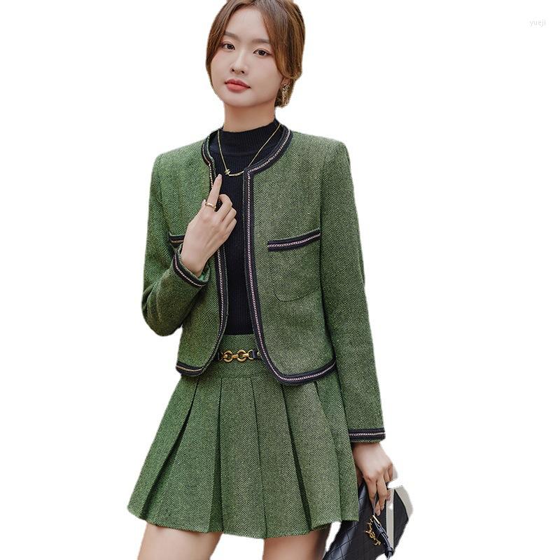 

Two Piece Dress Spring Autumn Women Casual Skirt Suit High Quality Cardigan Blazers Pleated Mini 2 Set For Office Ladies Work Wear, Green