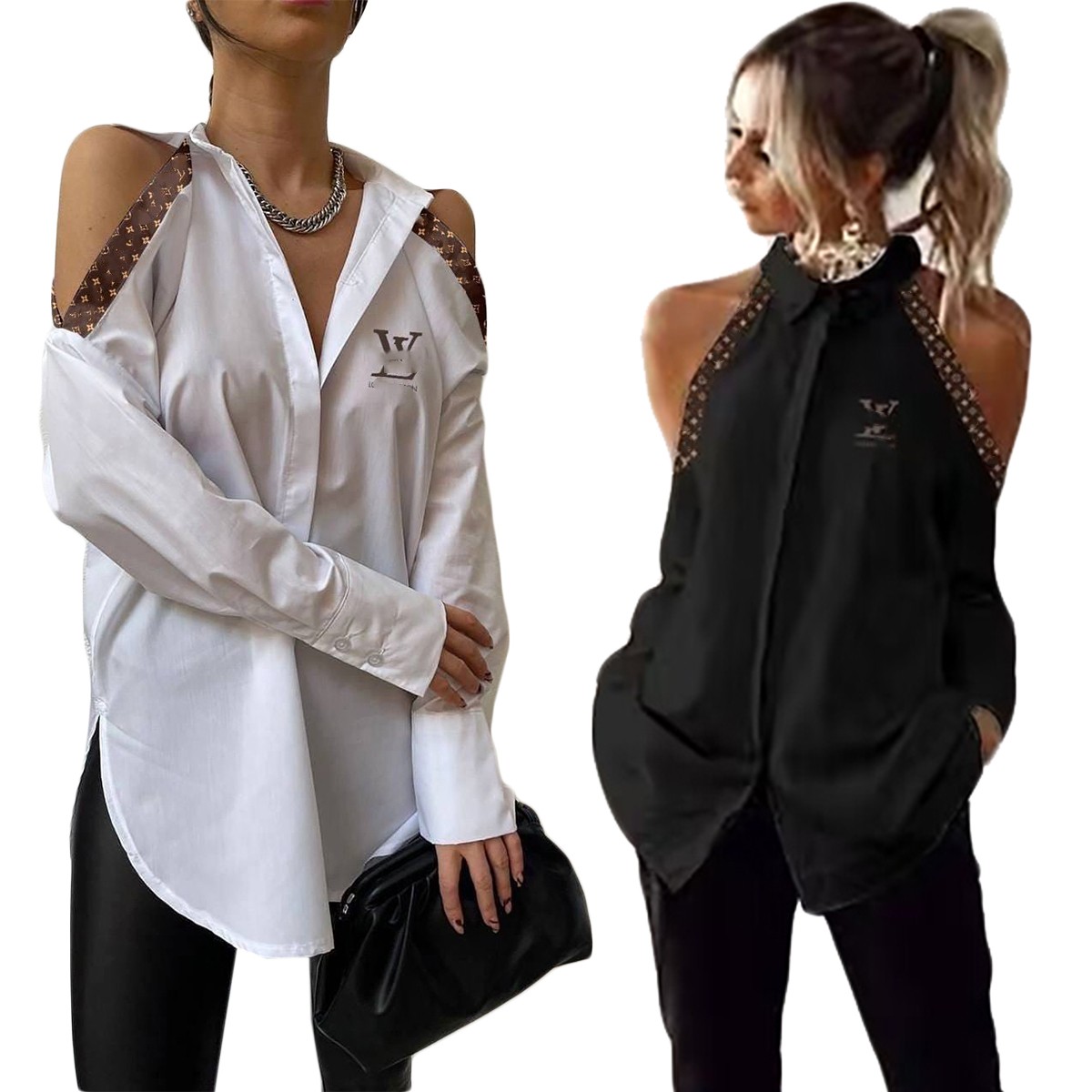 

Womens Blouses Shirts Spring Designer Print Tops Long Sleeved Casual Off Shoulder Shirt Free Ship, White