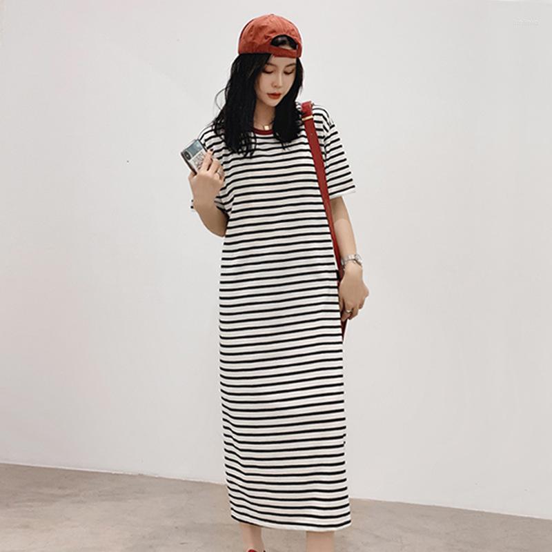 

Party Dresses 2023Summer Korean Loose Thin Casual Simple O-neck Lazy Style Stretch Women Striped Short Sleeved T-shirt Dress, Black
