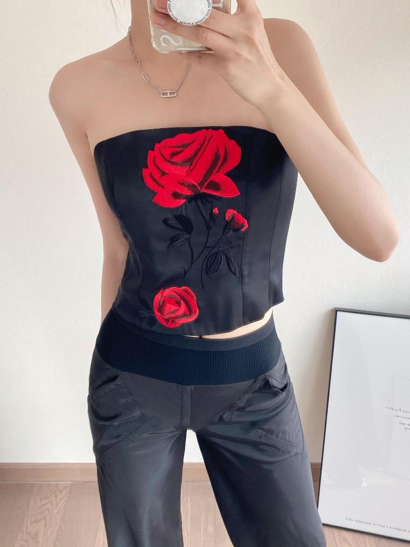 

Women' Tanks 2023SS Summer Women Flower Embroidery Strapless Tank Tops Female Chic Vest Tee Ddxgz2 5.06, Black