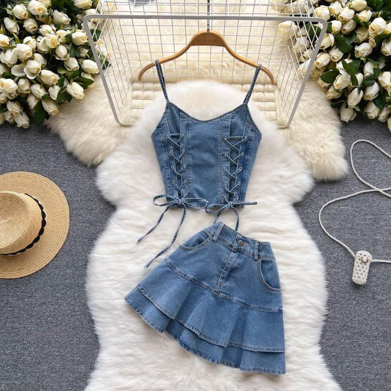

Work Dresses Summer Denim Set Cross Strap Top Sexy Short Skirt Two Piece, Blue