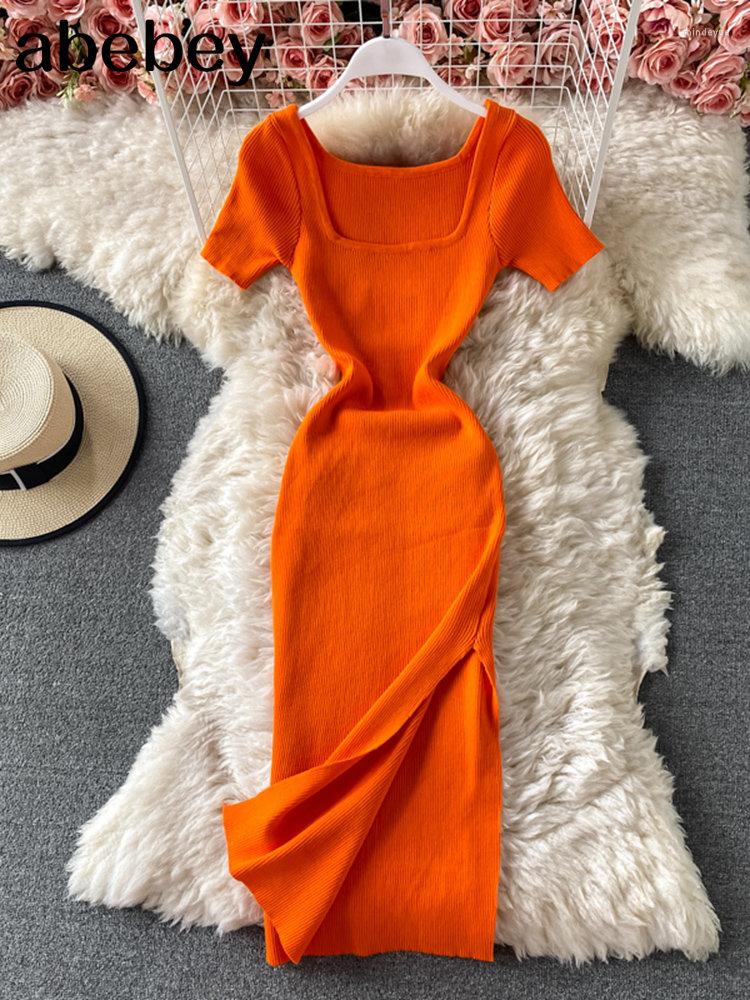 

Party Dresses Chic Fashion Woman Dress Solid Square Collar Short Sleeve Slim Waist Slit Knitted For Women Vestidos Mujer, Black