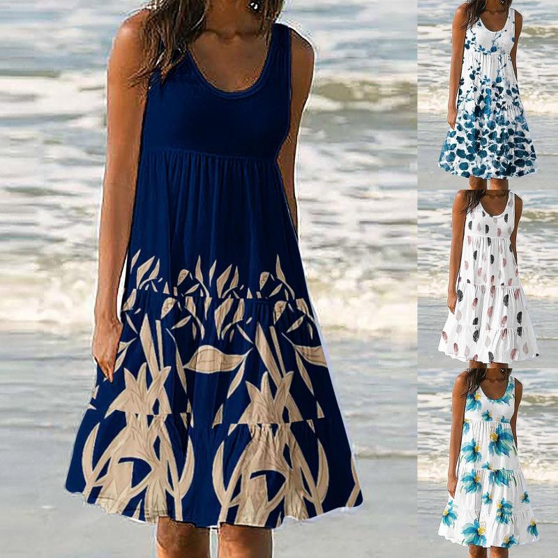 

Casual Dresses Womens Spring Summer Daily Round Neck Sleeveless Printed Beach Resort Dress, Bu1