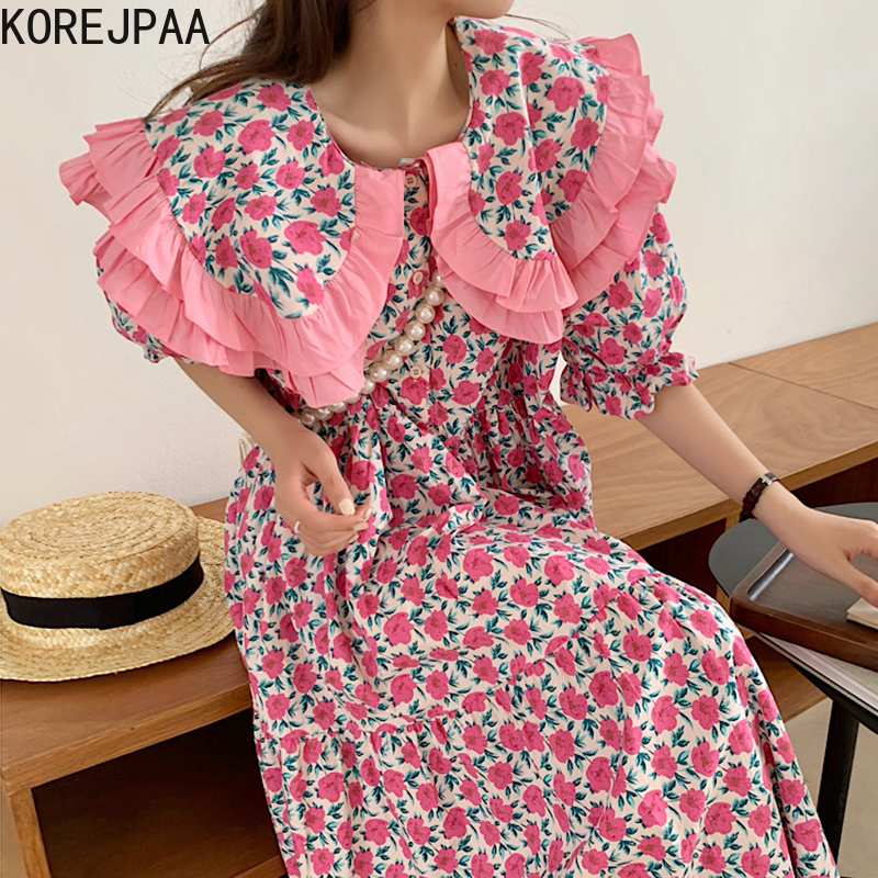 

Casual Dresses Korejpaa Women Dress Summer Ladies Age-Reducing Sweet Double Layer Wooden Ears Doll Collar Flower Loose Puff Sleeve Vestido 230509, Pink