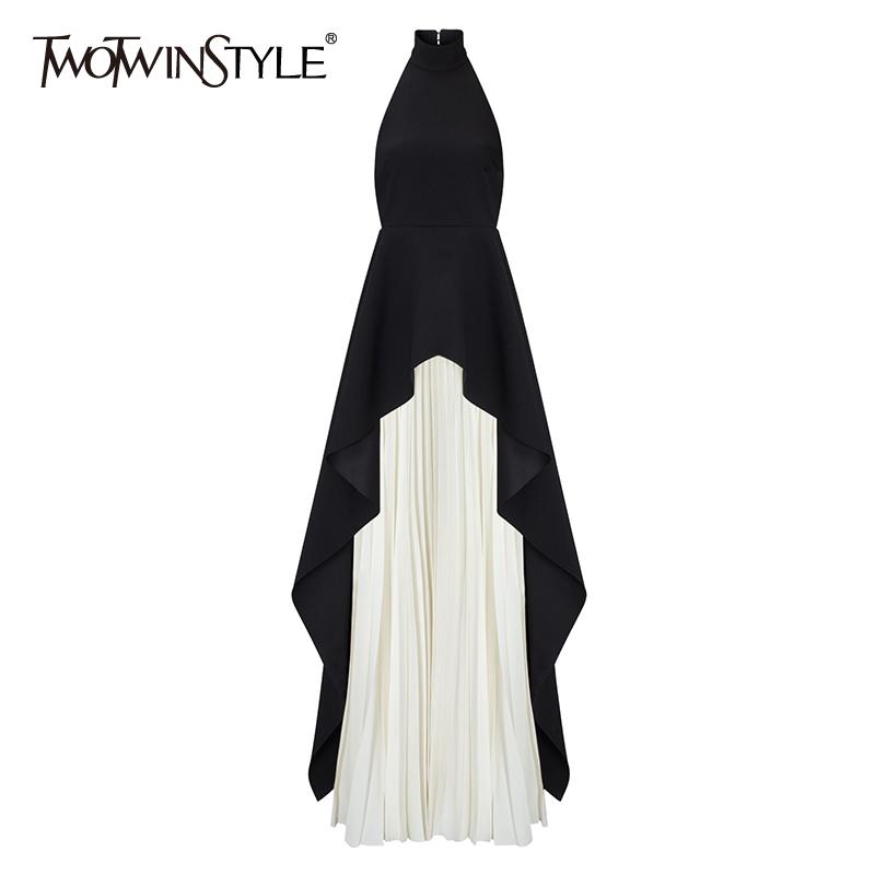 

Dress TWOTWINSTYLE Sexy Two Piece Set Women Halter Sleeveless Open Back Top High Waist Pleated Maxi Skirt Slim Women's Suit Summer New, Black