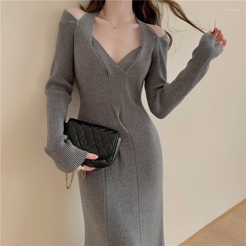 

Casual Dresses Knitted Women Party Night Off Shoulder V-neck Halter Pullovers Female Slim Split Sexy For Year 2023 Spring, Black