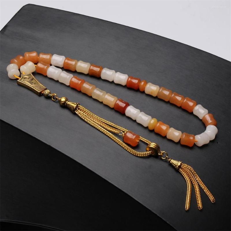 

Strand Yellow Jade Tasbih Prayer Beads Natural 8 Cylinder Stone Muslim Misbaha 33 Arabic Fashion Rosary Tasbeeh