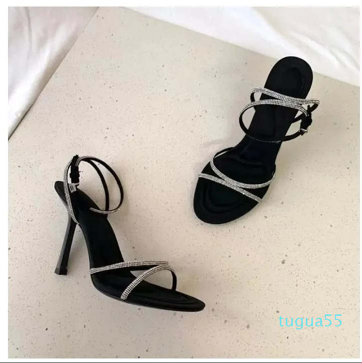 

Designer-2023 Ankle StrapCrystal sandals summer Womens Shoes Sandal Black Pink Satin Foot Ring High Heeled Narrow Band