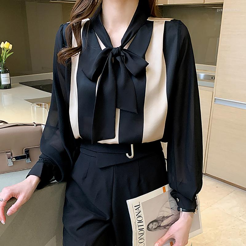 

Women' Blouses Striped Blouse Women Lace Up Bow Shirt 2023 Spring Korean Fashion Clothing Woman Shirts Elegant Print Lady Tops Blusas Mujer, Black