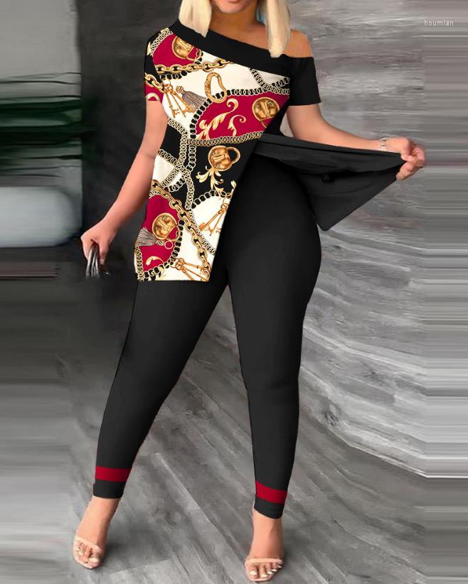 

Women's Two Piece Pants Sets Womens Outifits 2023 Summer Fashion Scarf Chain Print Split Hem Skew Neck Short Sleeve Top & Casual Set