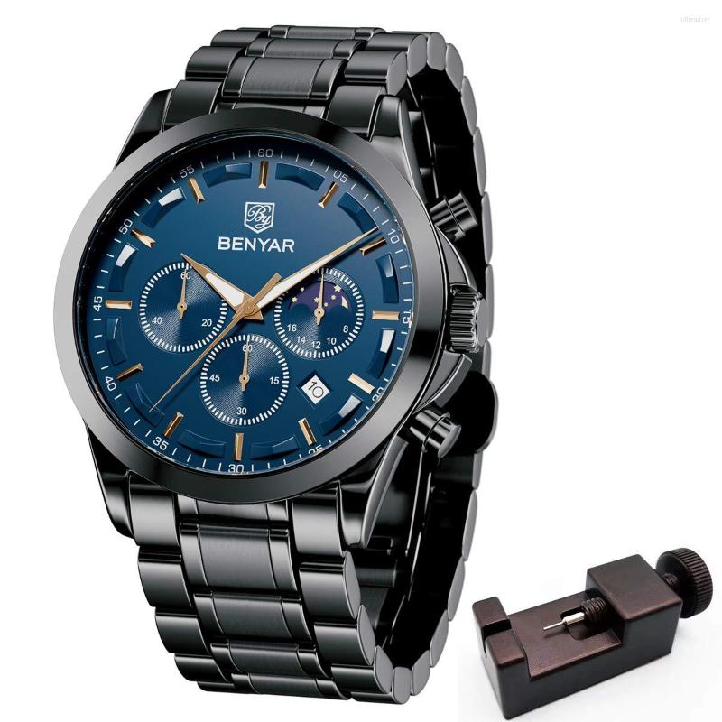 

Wristwatches BENYAR Men's Watches Waterproof Sport Military Watch For Men Multifunction Chronograph Fashion Quartz Stainless Steel, Silver black