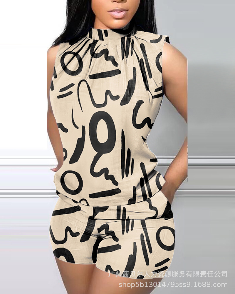 

Women's Tracksuits Women 2pcs Clothes Suit Sleeveless Abstract Print Casual Tank Top Shorts Set Camis Tanks Tops Shorts Pants 230508, Beige