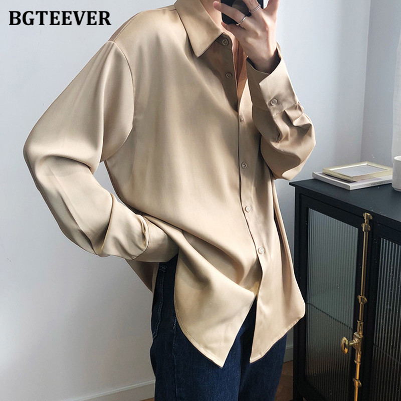 

Women's Blouses Shirts BBTEEVER Chic Women Satin Shirts Long Sleeve Solid Turn Down Collar Elegant Office Ladies Workwear Blouses Female 230508, White