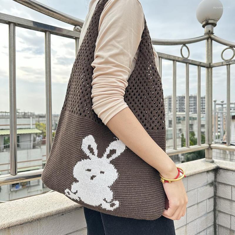 

Evening Bags Woven Beach Handbag Large Capacity Cartoon Weaving Top-handle Bag Eco-Friendly Hollow Out Female Tote For Fruit Storage, Purple white rabbit