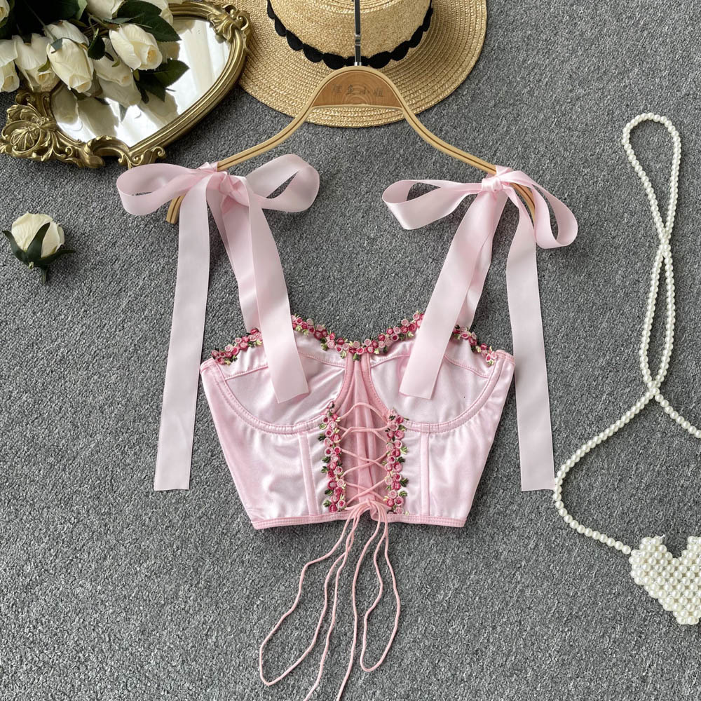 

Women's Tanks Camis Women Summer Fairy Satin Patchwork Print Camis Bow Ribbons Tank Top Sexy Lace Up Hollow Out Corset Slash Neck Floral Crop tops 230509, Pink
