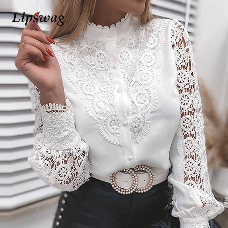 

Women' Blouses & Shirts Lace Long Sleeve Blouse Women Autumn Winter Single Breasted Stand Collar Office Work Solid Vintage, 03 white