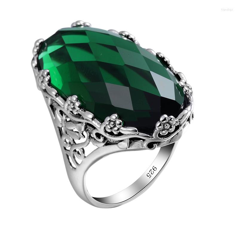 

Cluster Rings Green Stone Crystal Ring Big Flower Pattern Pure 925 Solid Sterling Silver For Woman Classic Vintage Jewelry