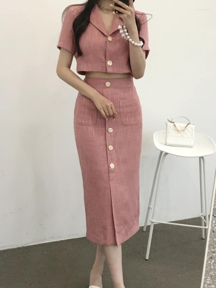 

Work Dresses Korean Fashion Tweed Suit Puff Sleeve Single Breasted Jacket High Waist Pencil Pocket Skirt Two Piece Set Women Outfit 2023, Green