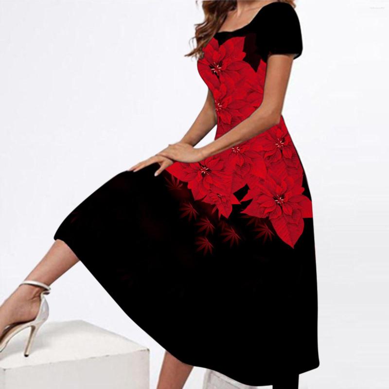 

Casual Dresses Ladies Spring Summer Long Dress Women White Short Sleeve Square Collar Party Flowers Print Elegant, Red
