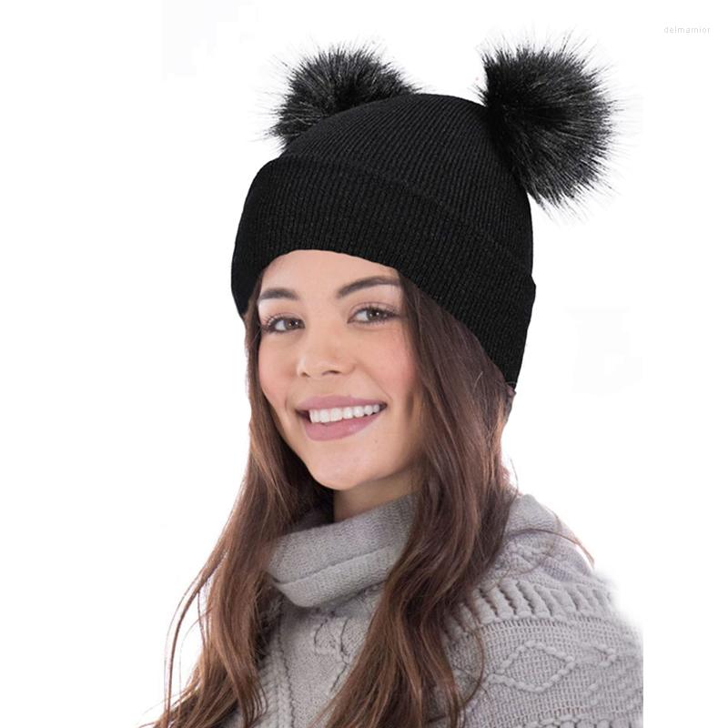 

Berets Winter Fashion For Women Double Faux Fur Pom Hat Thick Warm Girls Personality Knitted Beanie Cap Outdoor Skiing Hats, Red