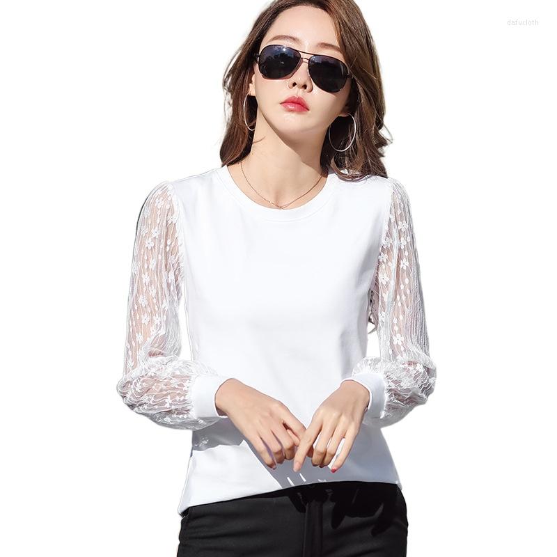 

Women's T Shirts Women Tshirts Long Puff Sleeve O-neck Cotton White Tops Tee Clothing Lace OL Kawii Clothes, Black