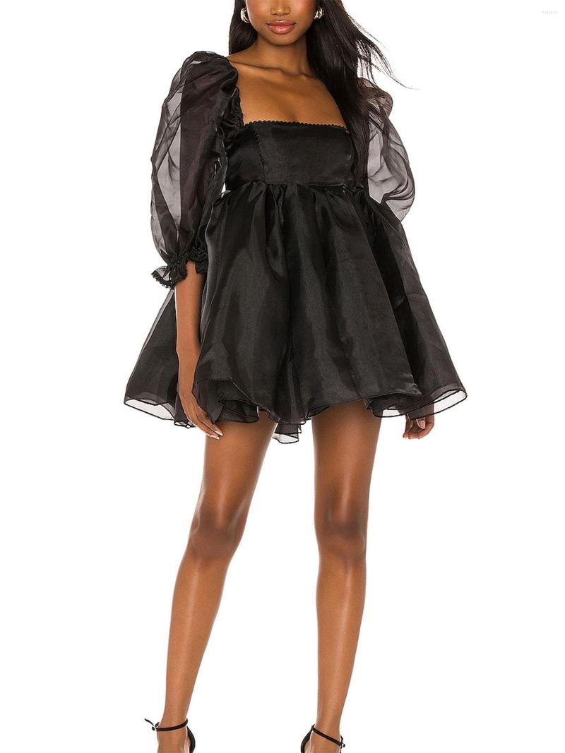 

Casual Dresses Women  Puff Sleeve Tulle Princess Mini Dress Puffy DressSquare Neck Ruffle Fairy Summer Bubble Mesh Short, Yellow5