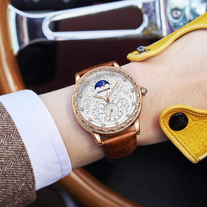

Wristwatches Kimsdun Brand Vintage Engraving Sun Moon Star High-End Men's Waterproof Mechanical Watch, Rose gold white surf
